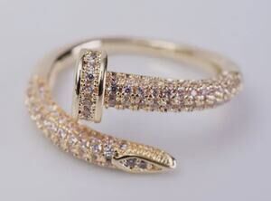 Gold & Crystal Pave Nail Ring Size 8 18 K Gold Plated